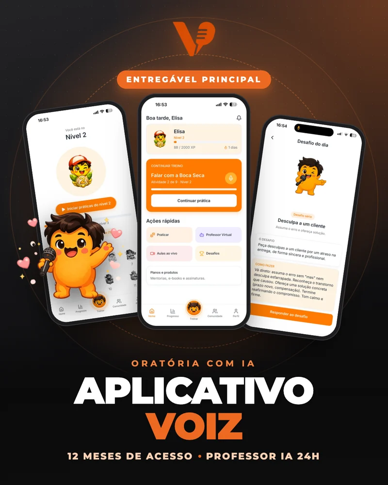 Aplicativo VOIZ: telas reais do app e o mascote