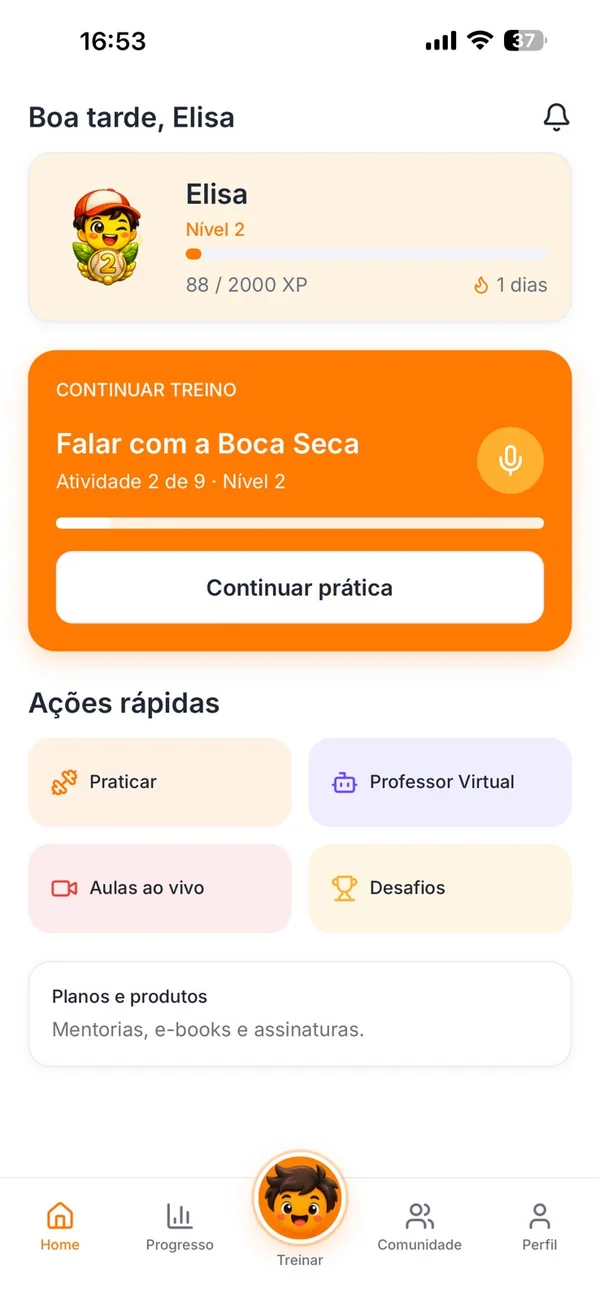 VOIZ App: tela inicial com o treino do dia