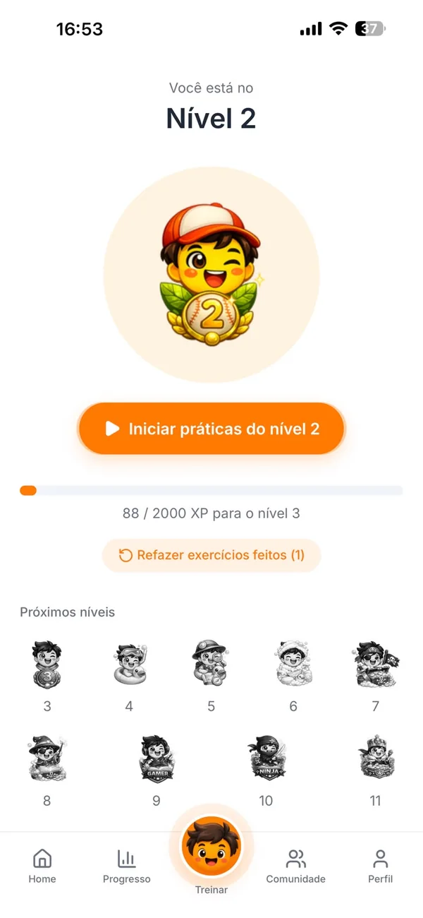 Tela do app VOIZ: 90 níveis para evoluir
